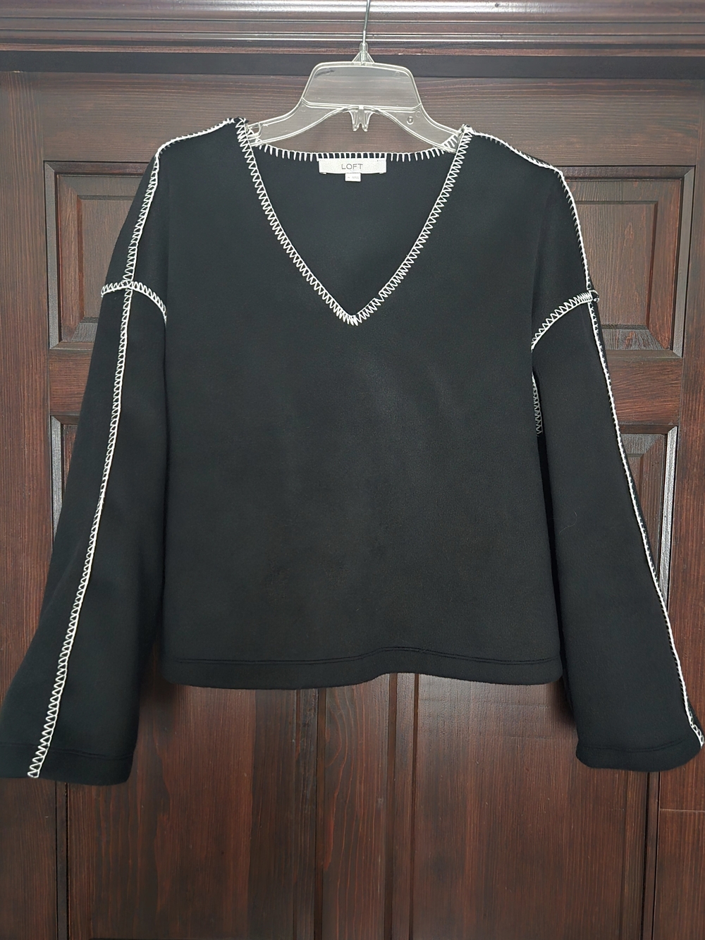 LOFT Black V-Neck Sweater with White Contrast Stitching